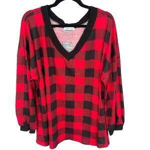 Cream n Sugar Top Womens Plus Size 3X Red Black Buffalo Check Long Sleeve V-neck